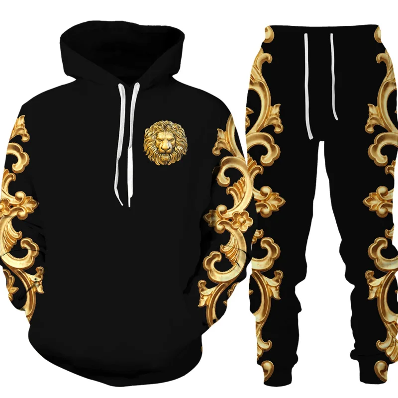 

Men Women Golden Pattern Lion Head Printed Hoodie/Trousers/Suit Graphic Oversize Hoodie Pants Tracksuit Mens Clothes Chandal