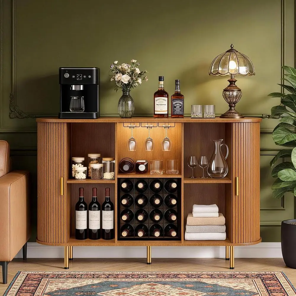 55 Wine Bar Cabinet with Storage, Fluted Liquor & Coffee Bar Cabinet with Wine Rack and Glass Holder, et Sideboard LED
