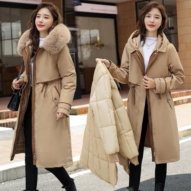 

-30 Degrees Removable Lining Cotton Padded Winter Big Fur Jacket Women Loose Slim Warm Hooded Parkas Long Coat Down Jacket