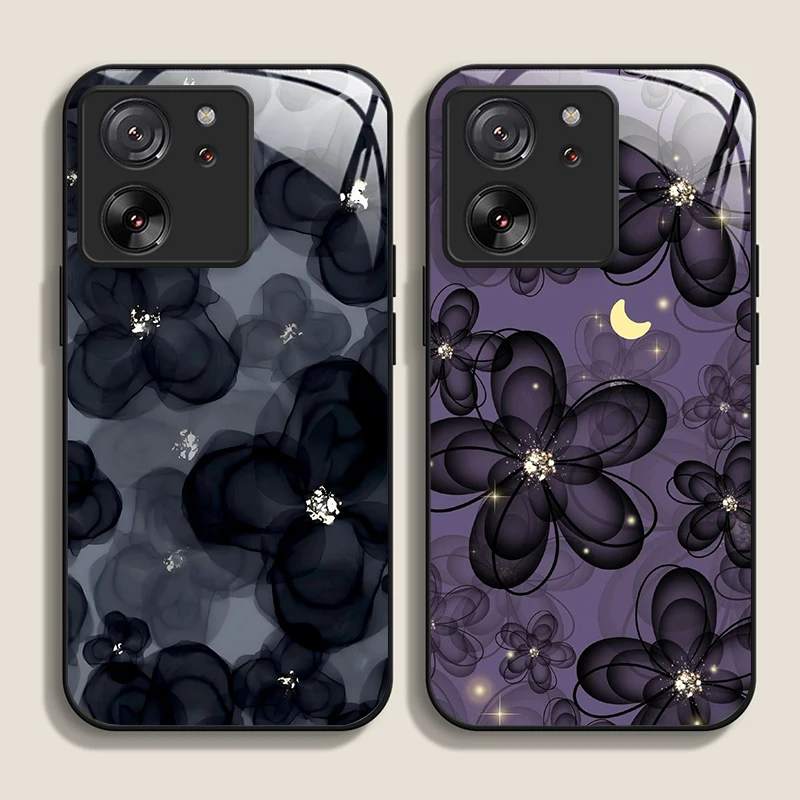 Luxury Black Rose Flower Tempered Glass Phone Case - Elegant Hard Cover