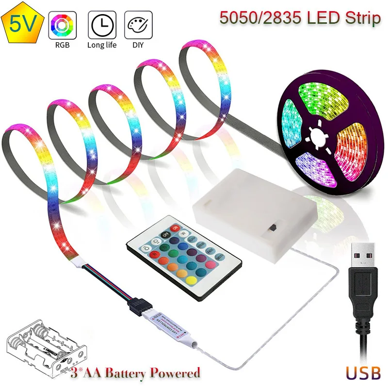 LED strip light 3AA battery with USB socket 5V 5050 SMD flexible color strip lamp, suitable for room vanity, computer