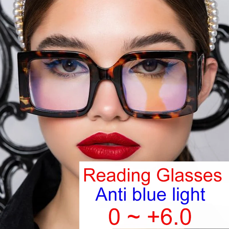 Oversized Square Reading Glasses Women Men Anti-Blue Light Retro Thick  Frame