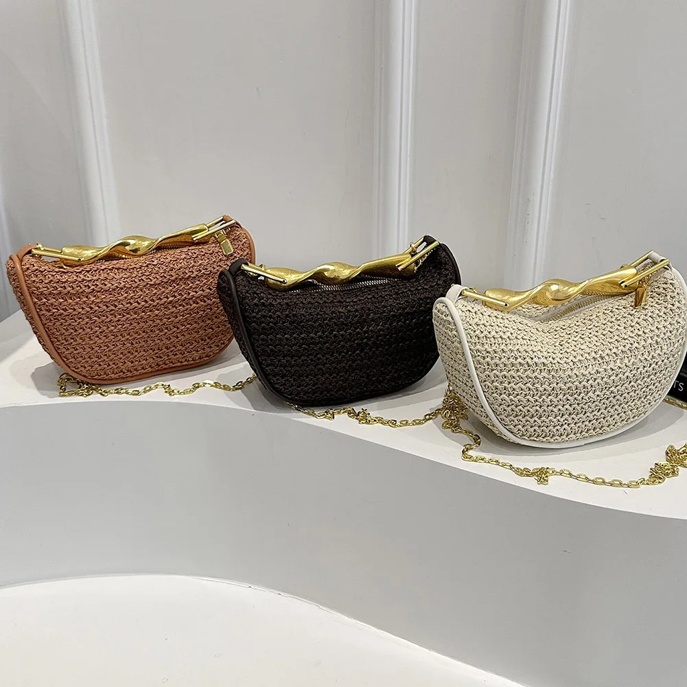Women Elegant Knitting Handbag Straw Crossbody Bags Seaside Beach Shoulder Bag Handwoven Commute Sling Bag with Metal Handle