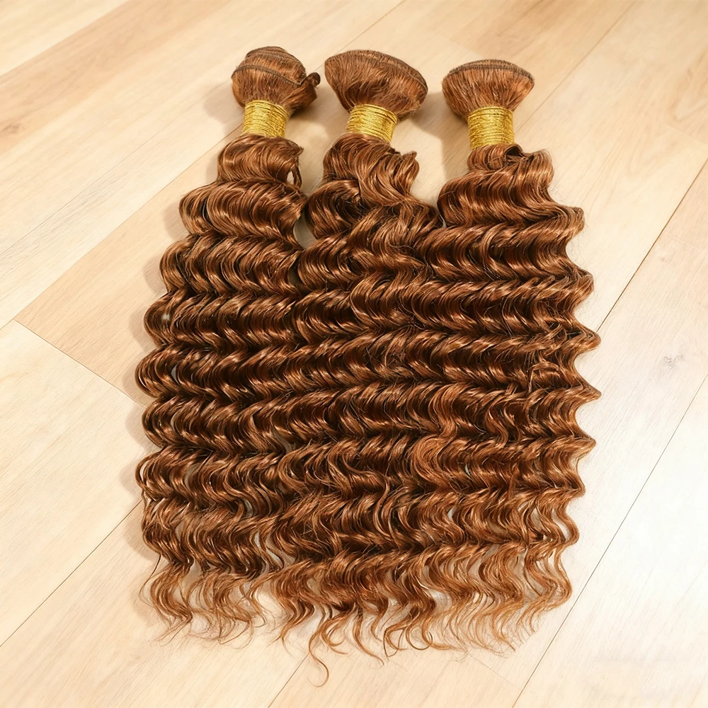 Color #30 Brown Deep Wave Human Hair Bundles Light Brown Kinky Curly Bundles Human Hair 10-30 Inch Brazilian Virgin Hair Extensi 4