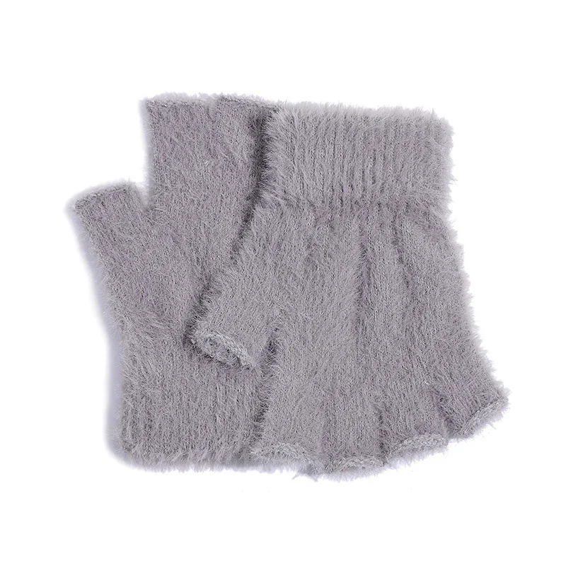 Solid Color Winter Gloves for Kids Imitation Mink Fur Thicken Boy Girl Outdoor Warm Half Finger Gloves Plush Children Mittens