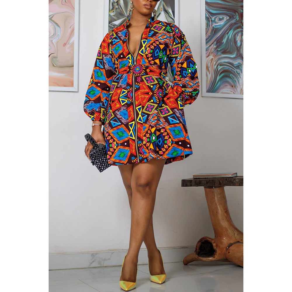 Plus Size Daily Ankara Print Lantern Sleeve Mini Dress