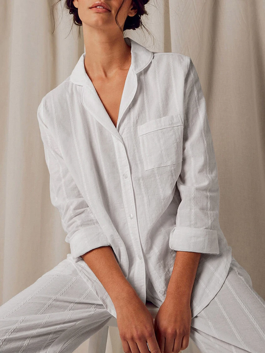Marthaqiqi White Cotton Female Nightgowns Set Turn-Down Collar Nightwear Long Sleeve Sleepwear Wide Leg Pants Home Clothes Women