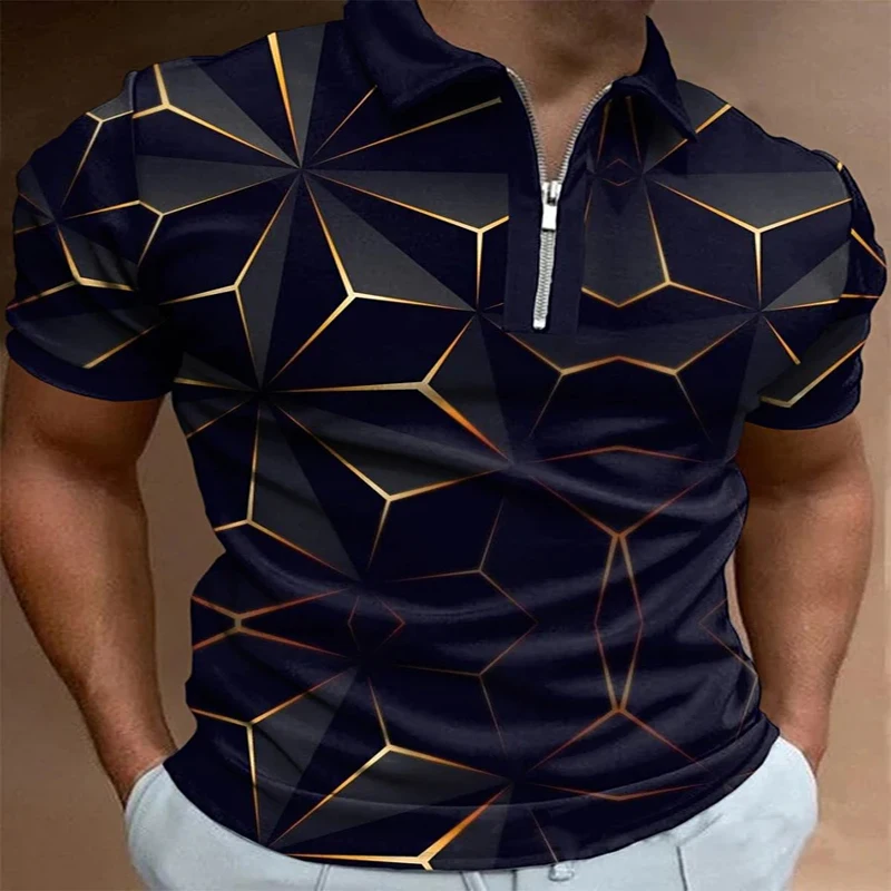 

Black Gold Ridge 3D Print Polo Zipper Shirt for Men