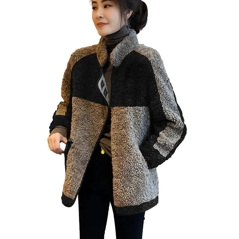 Spliced Lamb Fur Fur One Female Coat Loose Thickened Casual Coat European Station 2023 Autumn and Winter New Women's Commute