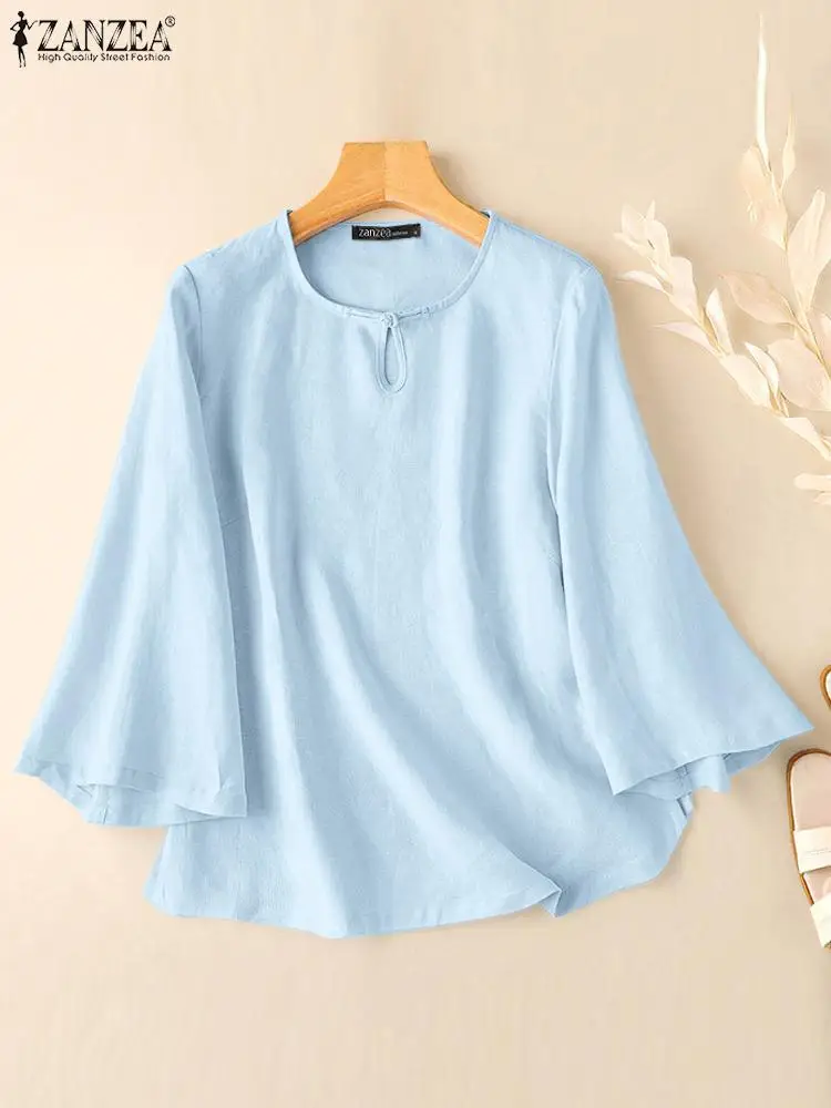 

ZANZEA Elegant Solid Color Blouse Female Fashion Button Blusas Mujer Flare Sleeve O Neck Tunic Tops Autumn Casual Loose Shirt