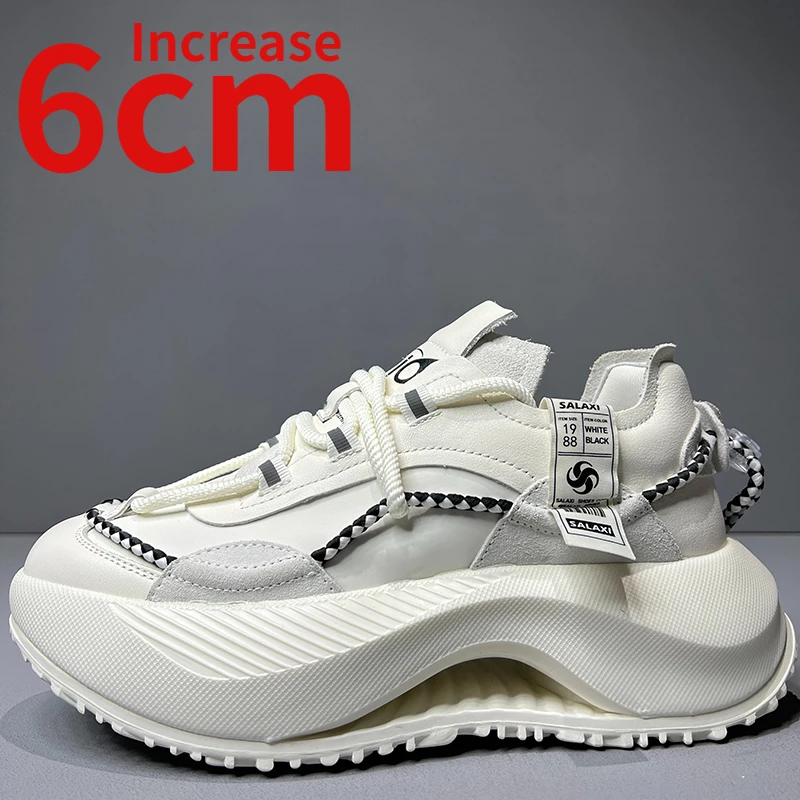 

European White Sneaker Designer Style Men Shoes Handmade Genuine Leather Thick Sole Increase Dad's Shoes Men Sports Casual Shoes
