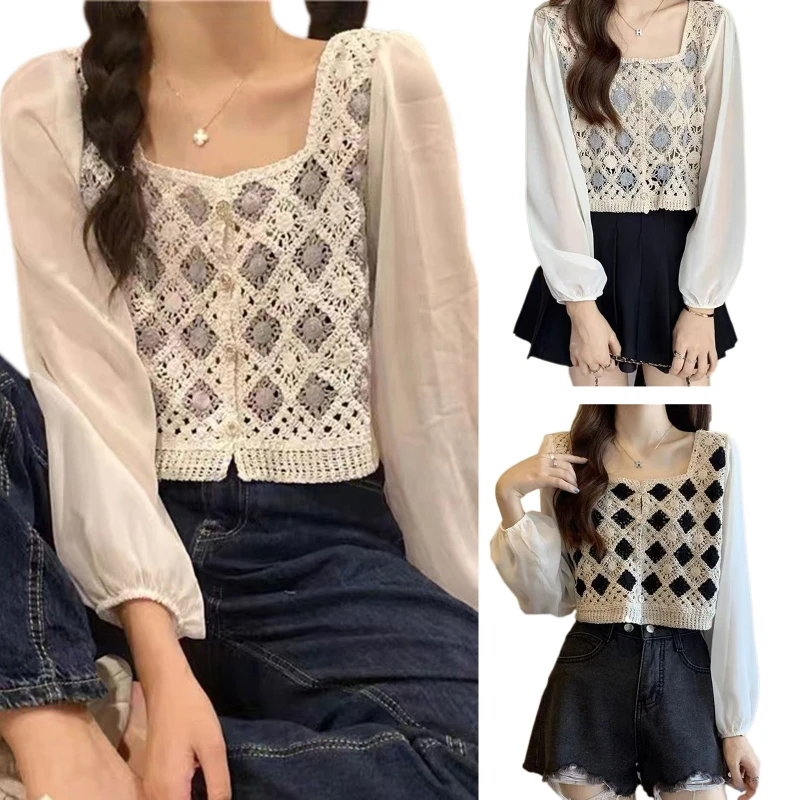 

Women Casual Square Neck Button Down Cropped Cardigan Puff Long Sleeve Crochet Knit Diamond for Jacket Blouse Sh P8DB