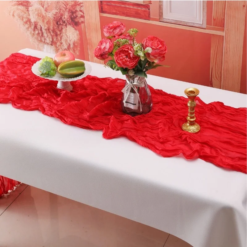 Wedding Pink Gauze Table Runner Semi-Sheer Vintage Cheesecloth Table Setting Dining Party Christmas Banquets Arches Cake Decor