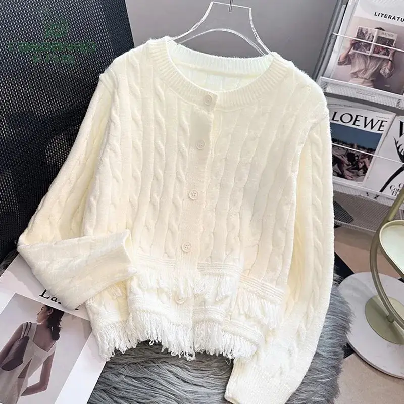 

Women's Spring and Autumn Tassel Knitted Sweater Coat Korean Fashion Solid Color Cardigan Top Cropped Sweaters White Sweater