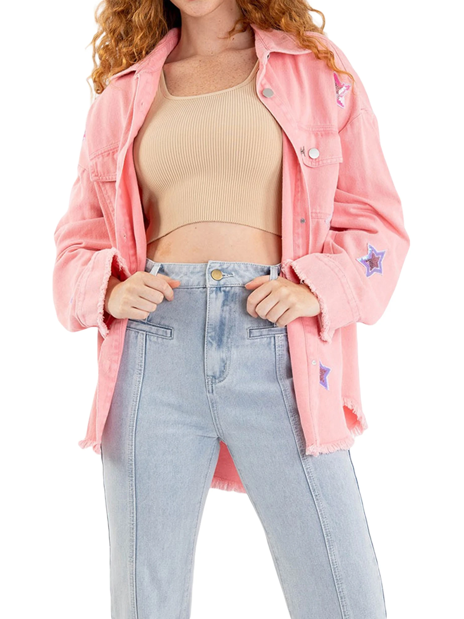 Pink Distressed Denim Cropped Jacket with Fringe