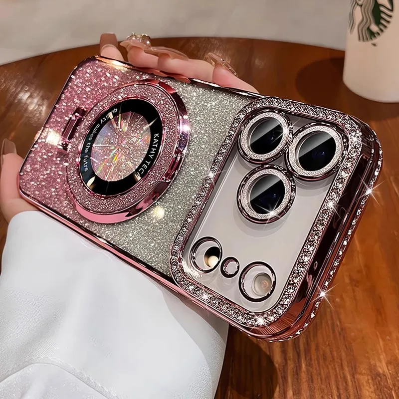 Luxury Plating Diamond Glitter Holder Stand Phone Case For iPhone17 16 15 14 13 12 Pro Max For Magsafe Lens Protector Back Cover S2557ba5f7ed8457d9b77b9294ede175dY