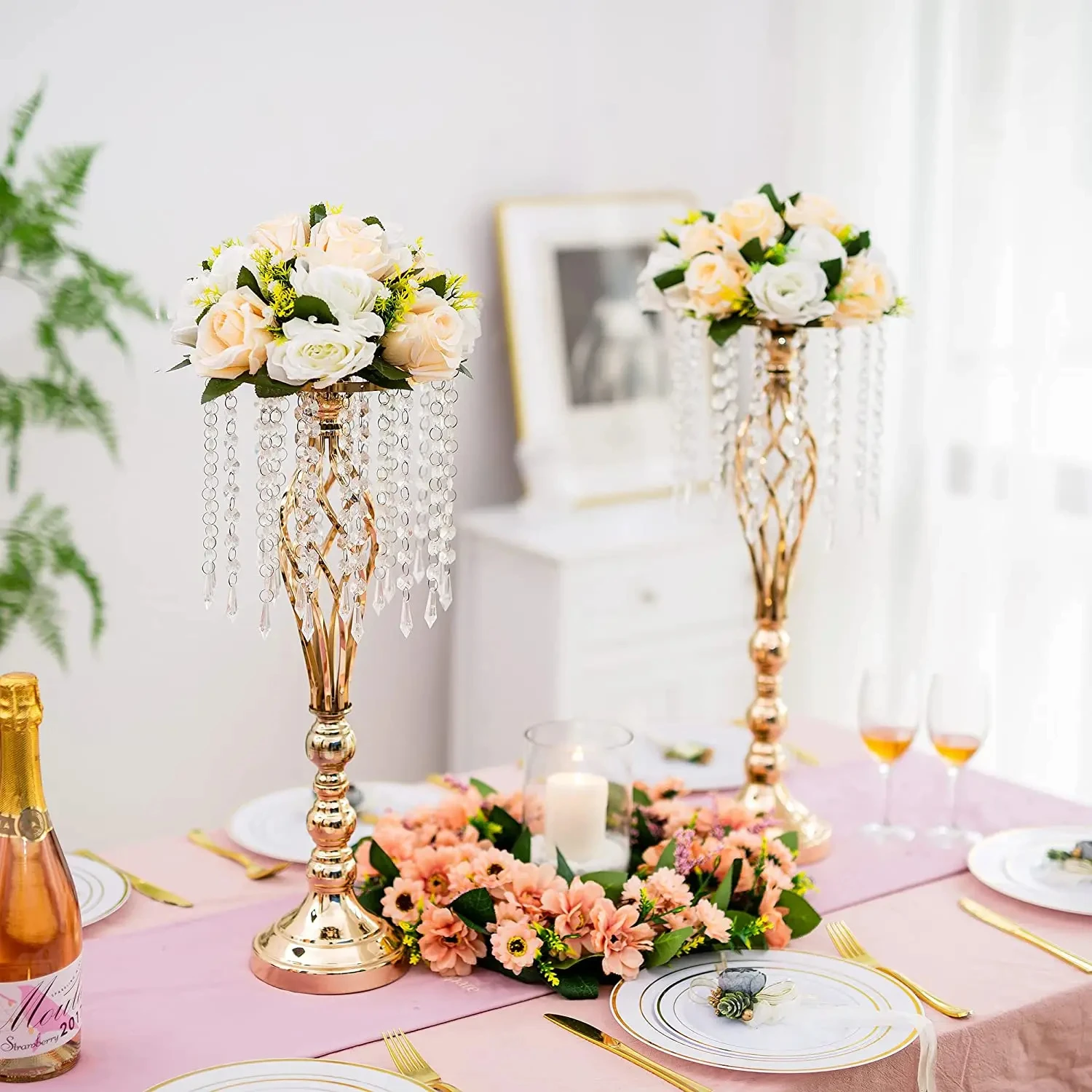 

10 Pcs Gold Vase for Wedding Centerpieces Table Decorations with Chandelier Crystals, Flower Vase, Wedding Metal Flower Stand
