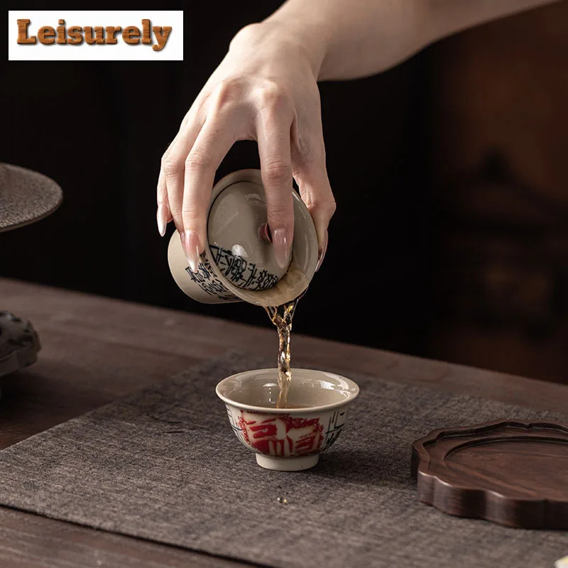 Plant Ash Handwritten Poetry Gaiwan Elegant Tea Tureen Household Tea Bowl With Lid Kit Tea Maker Cover Bowl Teaware Decoration