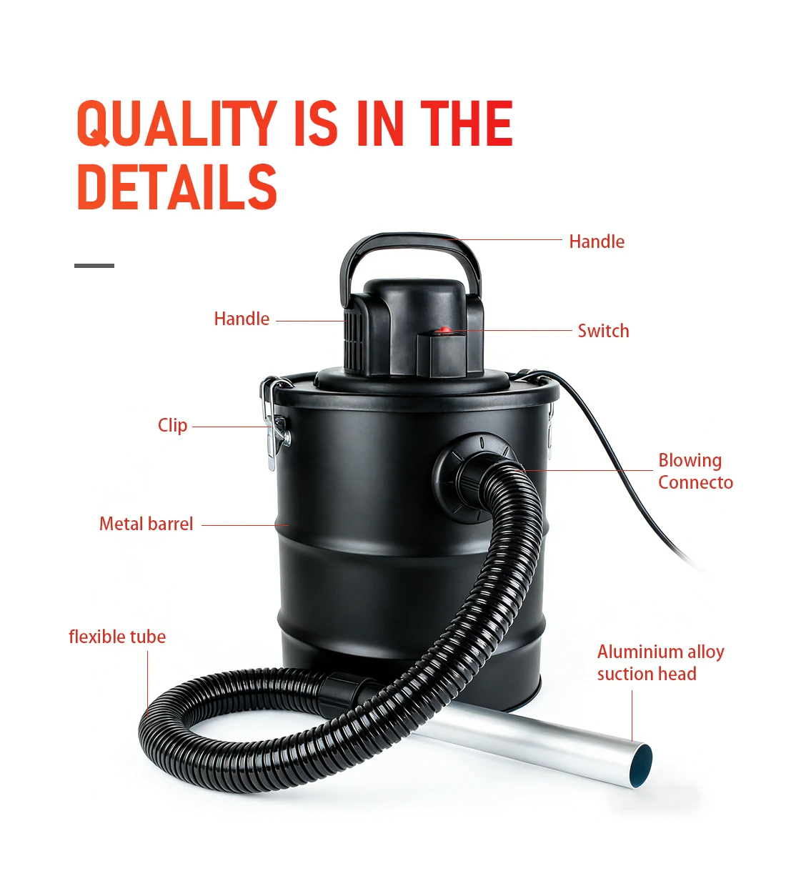 20L Ash Vacuum Cleaner High Temp Resistant Ash Bucket for Fireplace, Stove & Pel