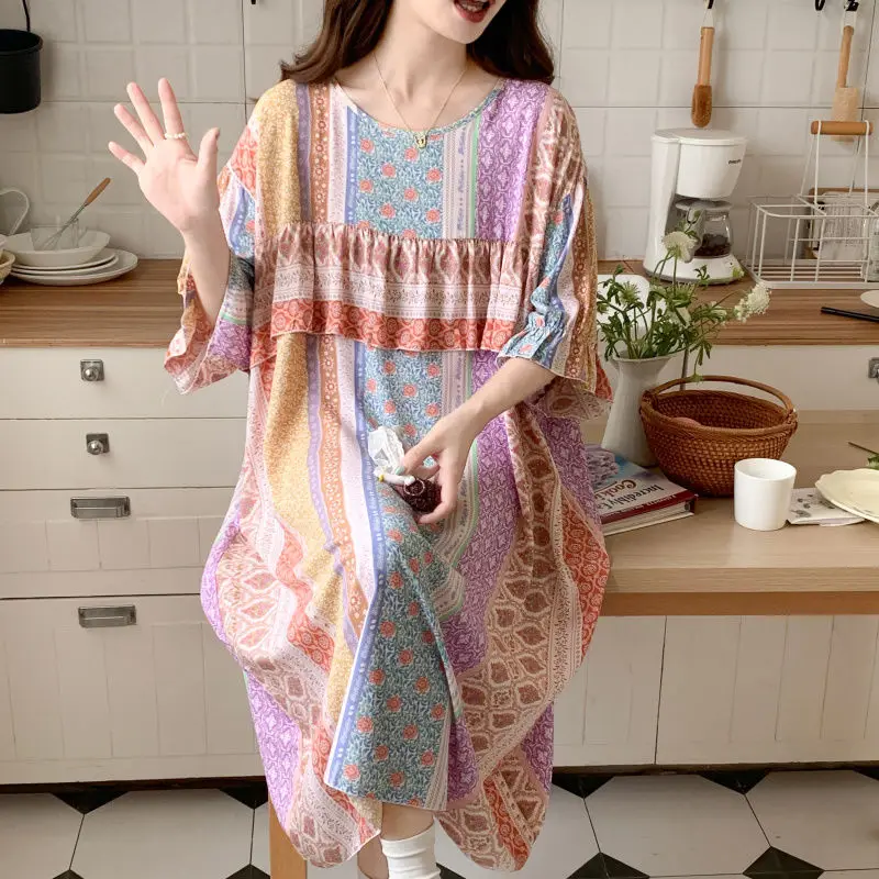 Anti-bumping Pure Cotton Sleepwear Women's Summer Silk Loungewear Floral Loose Comfortable Printed Nightdress women nightgowns women nightdresses sleeping dress