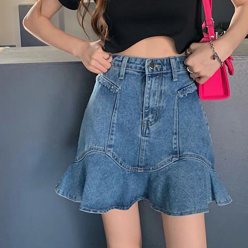 

Vintage Raw Edge Denim Skirt Woman Korean Style High Waist Blue Fishtail Skirts for Women 2023 Summer with Pockets Bag Hip Skirt