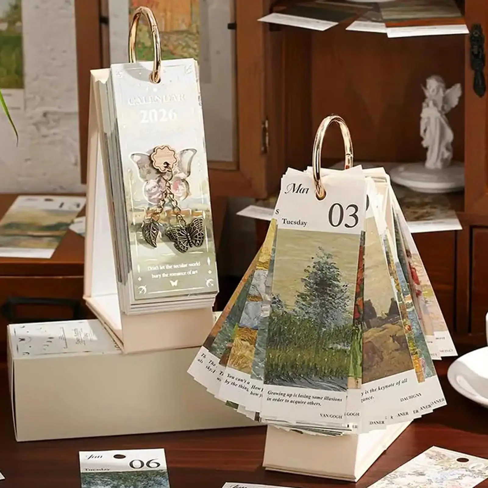 2026 Desk Calendar With Gold Ring Binding 365 Days Vintage Oil Painting Inspirational Quotes One-Way Page Turn Daily Planner