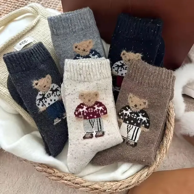 Socks for Girls Cartoon Little Bear Mid-Calf Socks Thickened for Autumn and Winter Warm Wool Slouch Socks