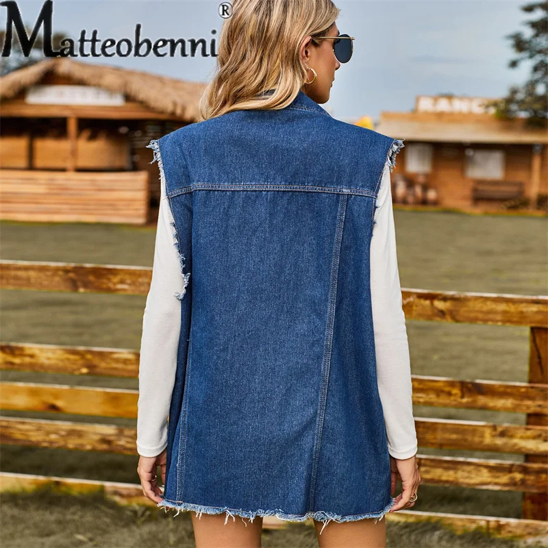 Fashion Broken Holes Shawl Denim Vest Women Single-breasted Splicing Sleeveless Jackets Female Casual Outerwear Trend Streetwear