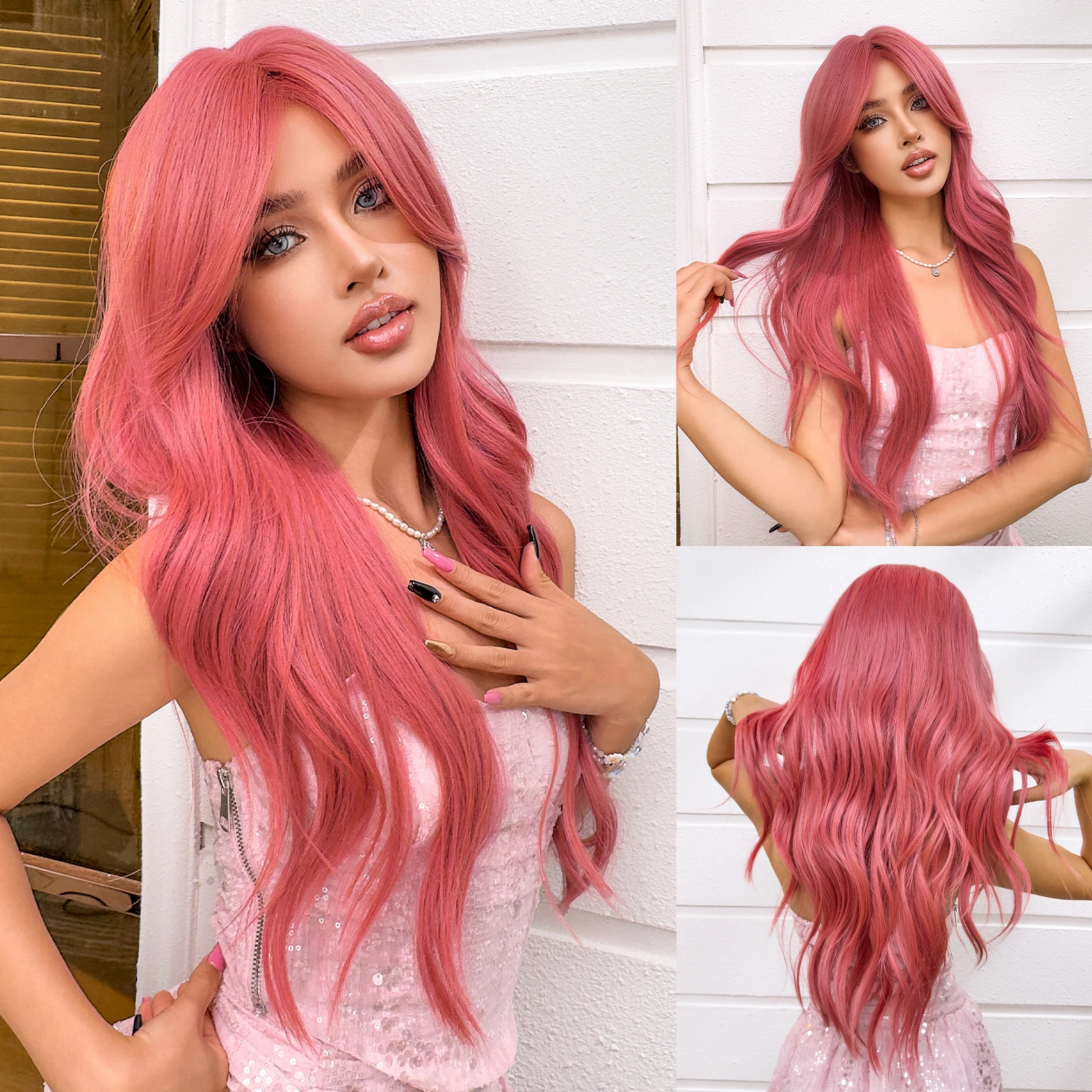 Long Synthetic Water Wavy Wigs Watermelon Red Pink Hair Wig with Side Bangs for Girls and Ladies Daily Use Cosplay Party