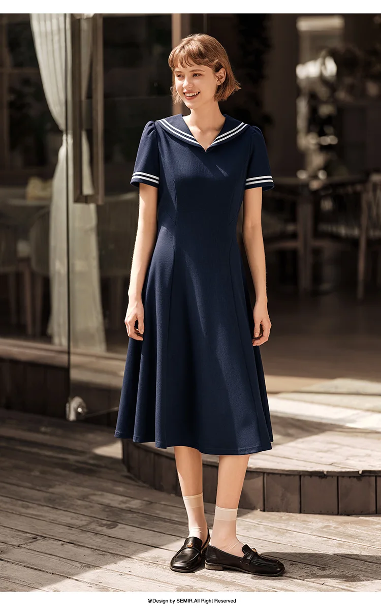 Dress Women Navy Collar With A Collegiate And Artistic Style Summer New White Moonlight Waist-Cinched Long Dress