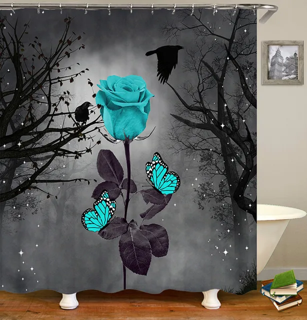 Rose Flower Shower Curtain Set Non-Slip Rugs Bath Mat Toilet Lid Cover and 12 Hooks Waterproof Polyester Bathroom Decor H-1PC Shower Curtain