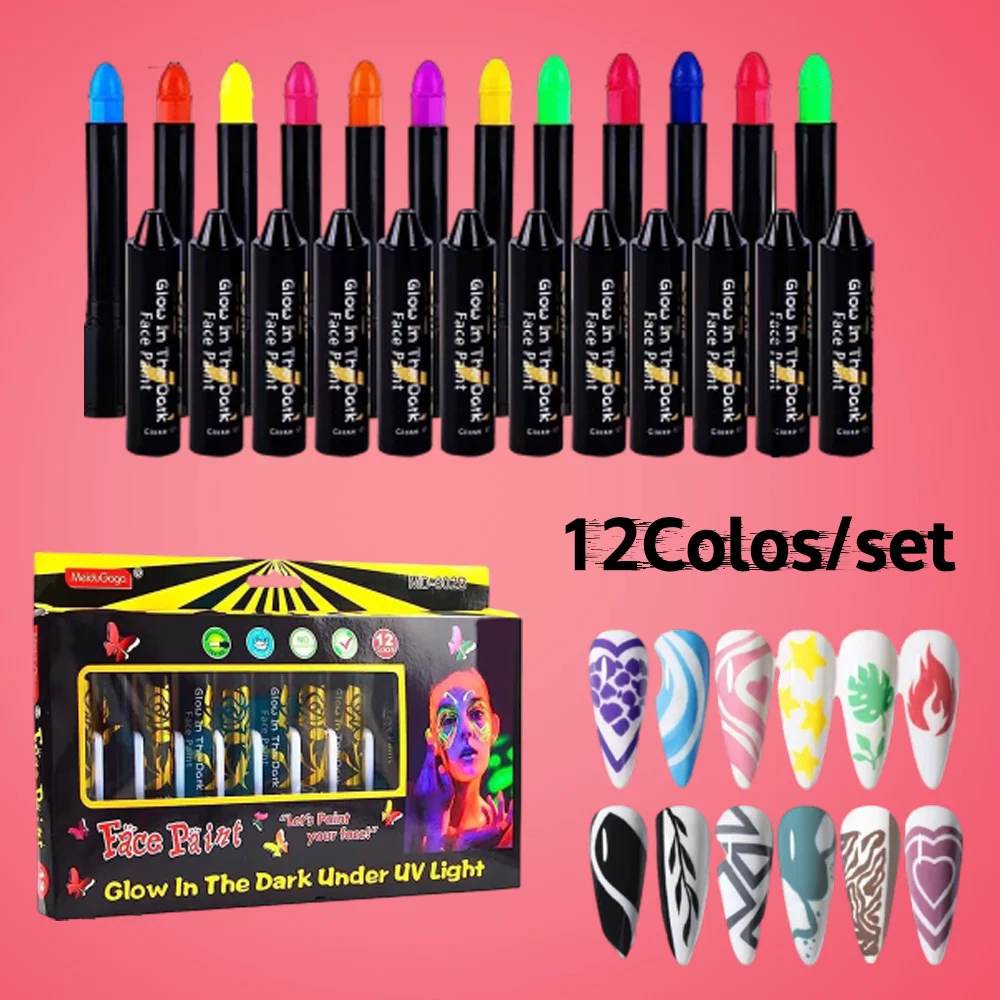 12Pcs Face Paint Crayon Vibrant Color Neon Body Paint Stunning No Odor Makeup Painting Face Body Paint Glow Stick Party Supplies