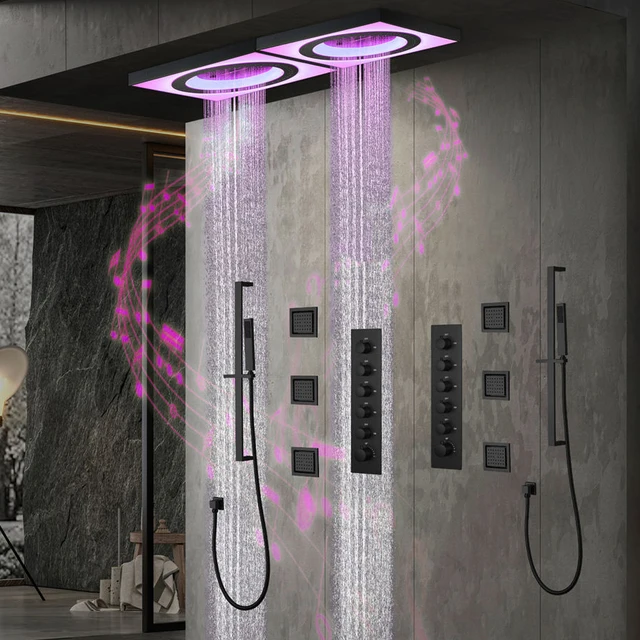 ชุดฝักบัวคู่ M Boenn สำหรับห้องน้ำส่วนตัว พร้อมไฟ LED ระบบเสียงเพลง ฝักบัวแบบเรนชาวเวอร์สีดำ หัวฝักบัวทรงสี่เหลี่ยม พร้อมระบบควบคุมอุณหภูมิ 1