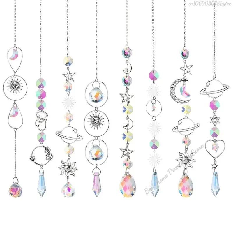 1pc Crystal Wind Chime Moon Sun Catcher Diamond Prisms Pendant Dream Catcher Rainbow Hanging Drop Home Garden Decor