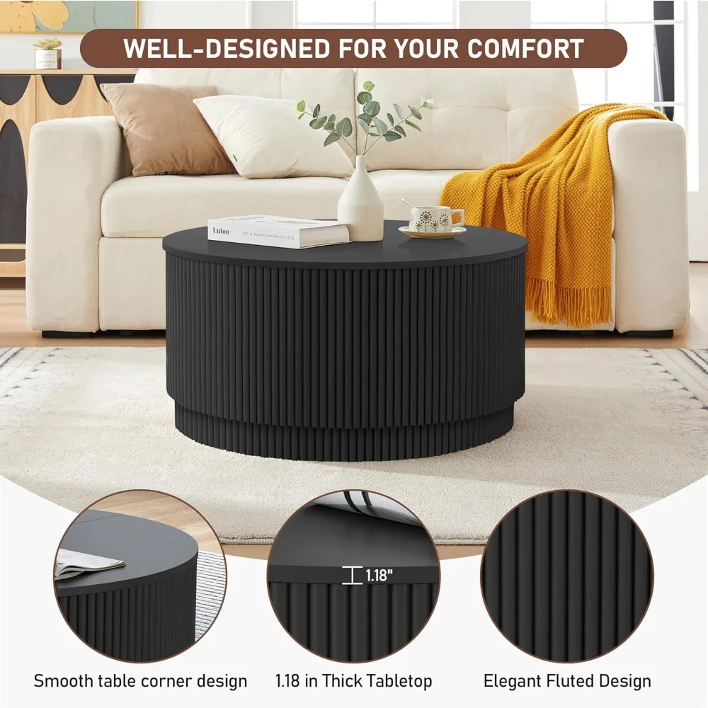 31.5" Round Coffee Table, Modern Fluted Accent with Metal Frame for Living Room or Office
