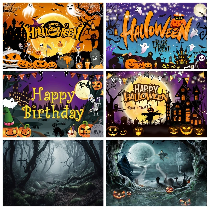 

Halloween Party Backdrop For Photography Pumpkin Graveyard Castle Horror Forest Moon Night Photo Background Baby Birthday Decor