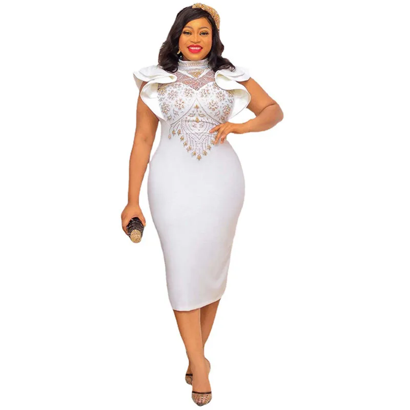 

African Dresses for Women White Summer Ruffles Sleeves Pencil Dress Dashiki Ankara Robes Elegant Party Female African Packag Hip