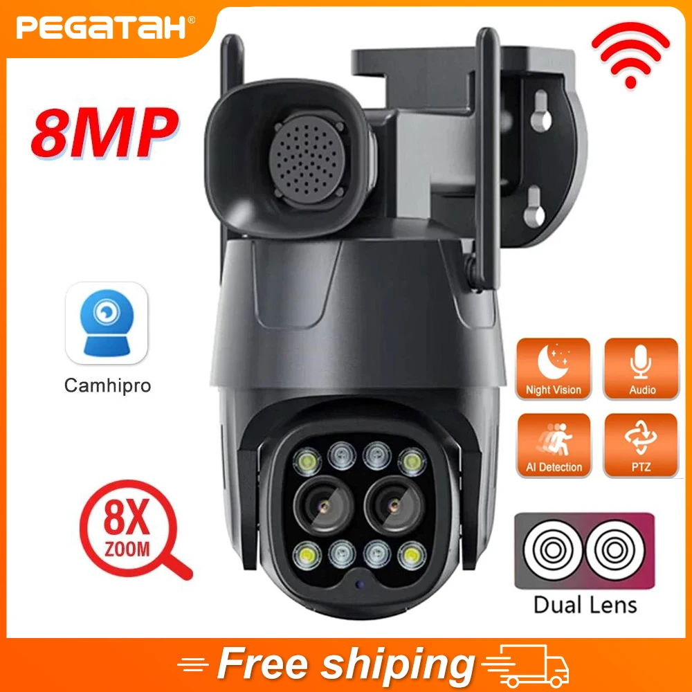 8MP 4K Wifi IP CCTV Camera With Siren Dual Lens 2.8mm-8mm Outdoor 8X Zoom AI Human Track Night Vision Surveillance PTZ  Cameras