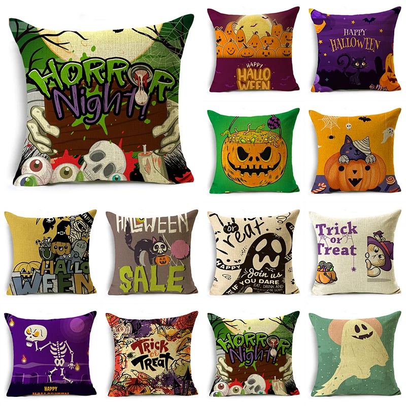 

Fashion Happy Halloween Cartoon Patterns Pumpkin Ghost Linen Throw Pillowcase Decorative Cushion Cover For Sofa Livingroom Party