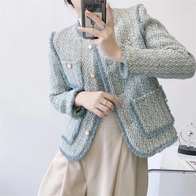 Light Blue Elegant Fashion Coat Women's Autumn Winter New Wool Tassel O Neck Korea Chic Sweet Small Fragrance Tweed Jacket 1694