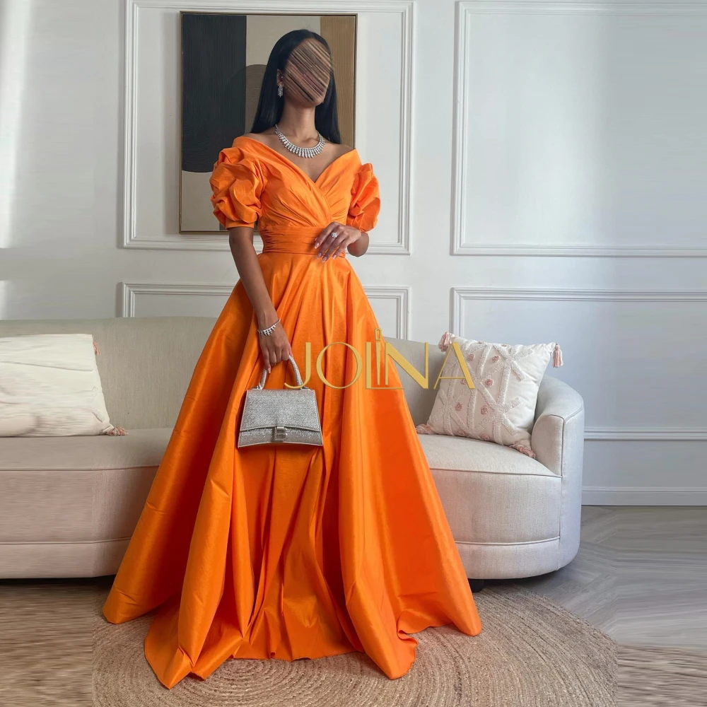 

OEING Vintage Floor Length Satin Evening Gowns A-Line Prom Dresses Off the Shoulder Orange Saudi Arabia Vestidos De Novia