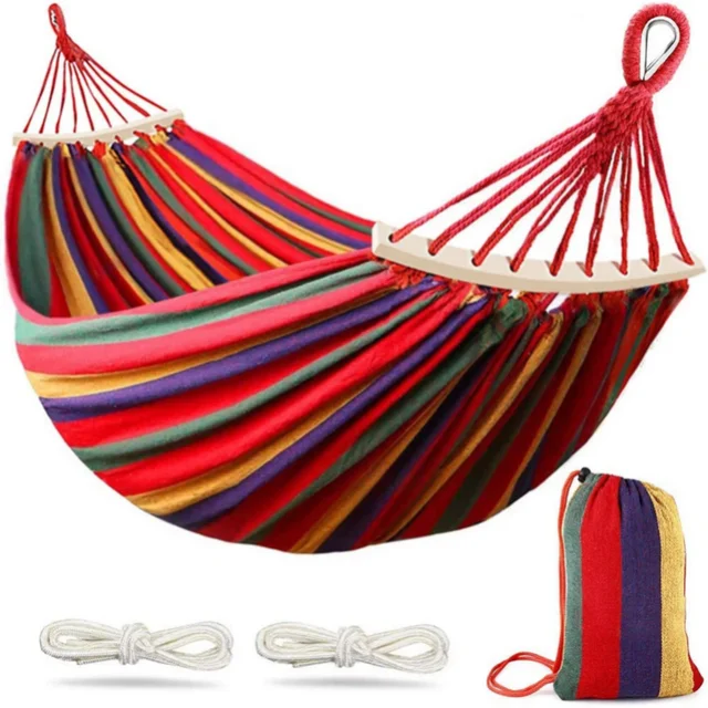 Double Hammock 2 People Canvas Cotton Hammock with Carrying Bag Travel, Rainbow Stripes 1