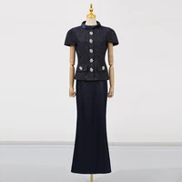 VGH Chic deux pièces ensembles pour femmes col montant manches courtes épissé poche Tweed haut taille haute jupes Maxi costume Vintage femme 4