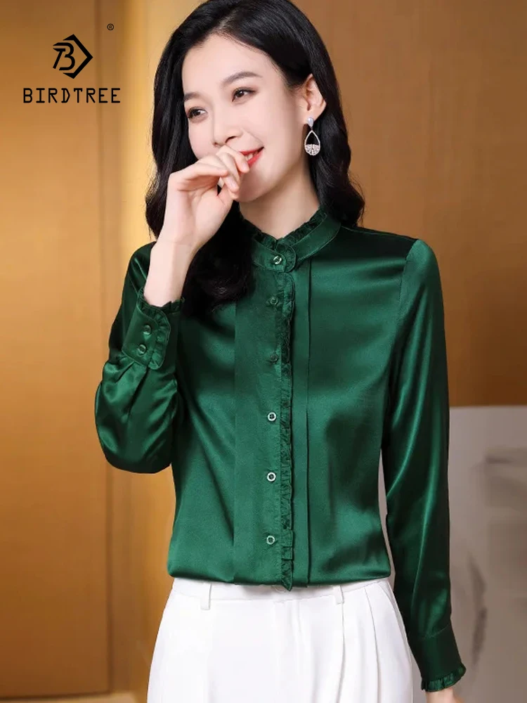 

Birdtree Elegant Fashion Office Lady Blouses,Long Sleeve Solid Tops,92%Mulberry Silk 8%Spandex Women's Vintage Shirt T37750QC