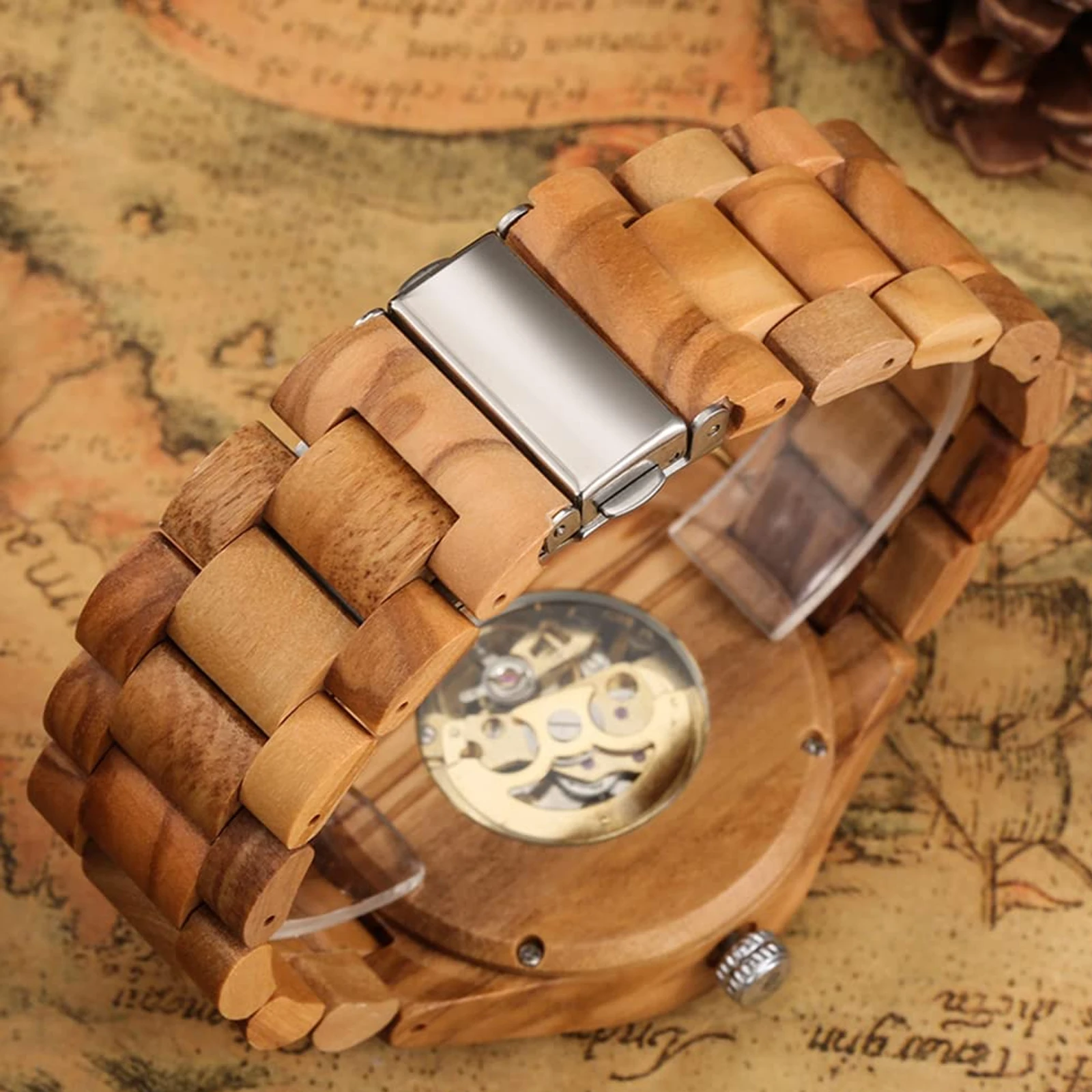 Fashion Men's Wooden Mechanical Skeleton Watches, No Battery Wooden Strap Watch for Men, Roman Large Numeral Dial