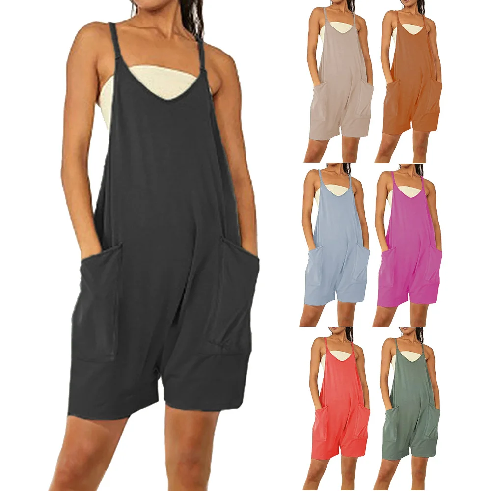 

2023 Explosive High-end Quality Clothing Summer Casual Fashion Solid Color V-neck Zipper Pocket Jumpsuit for Women Playsuit