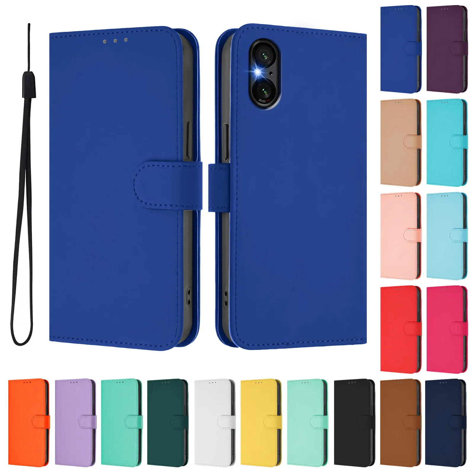 Luxury Leather Flip Wallet Phone Case with Lanyard and Stand Feature