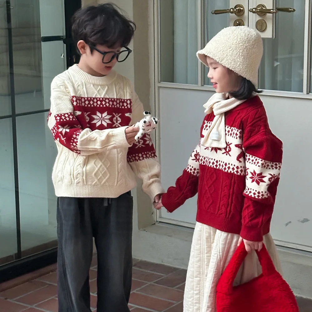 4773 Children Knitted Sweater Winter Snowflake Knitted Boy's Sweater Christmas Clothes Warm Tops
