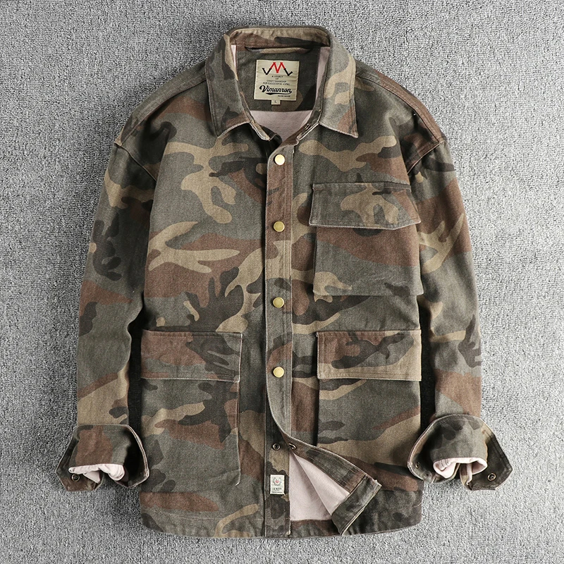 

washed vintage camouflage men workwear Jackets Amekaji American Casual Style 3D Muti pockets design Cotton male Shirt Coats