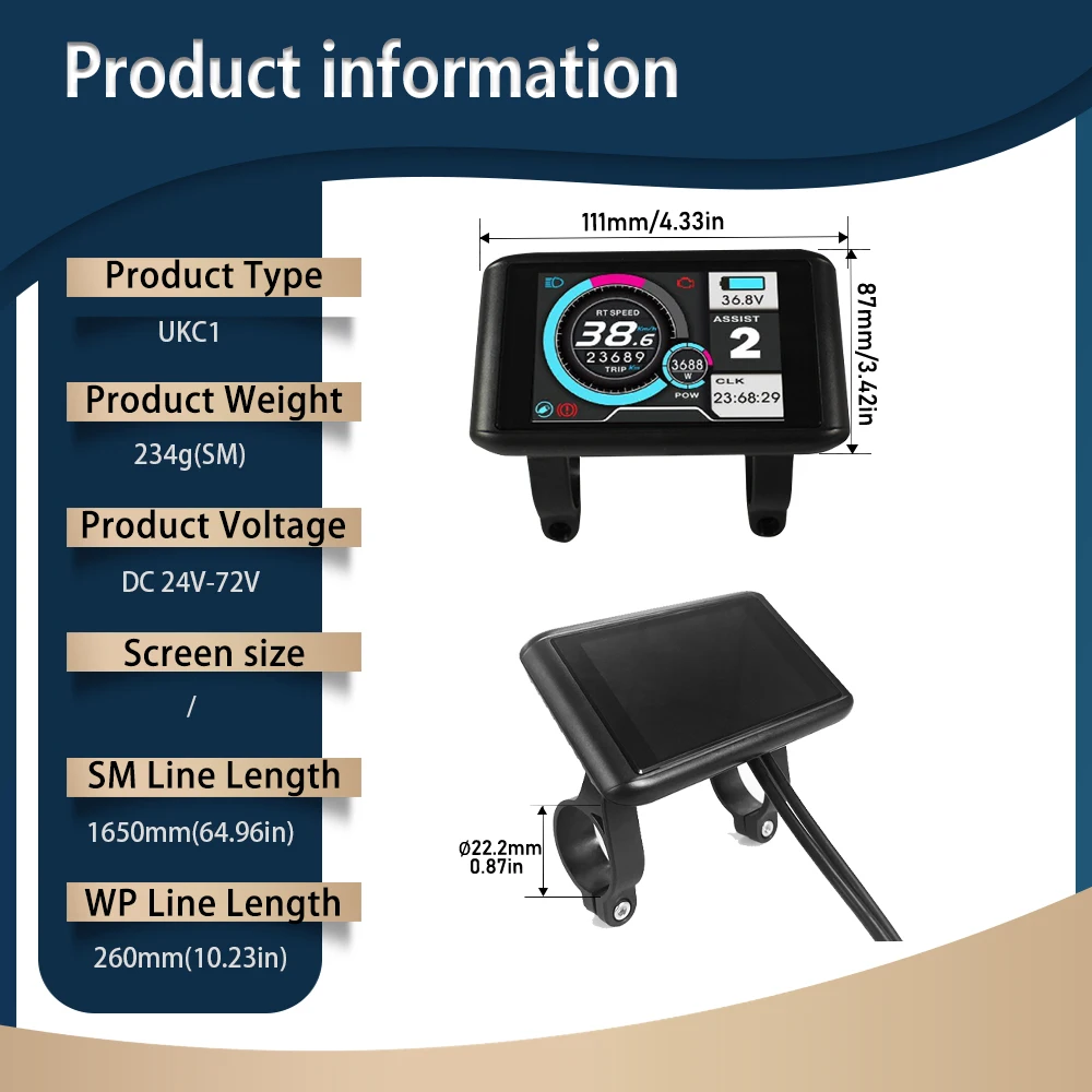 Electric Bike LCD Display with UART 2 Communication SM/Waterproof Connector for Electric Bike accessory 36V-72V UKC1